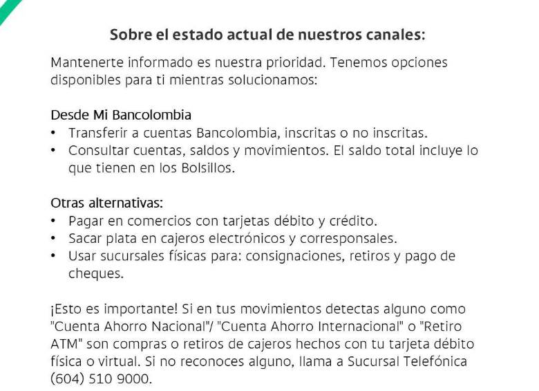 Actualización del estado de los servicios del banco.