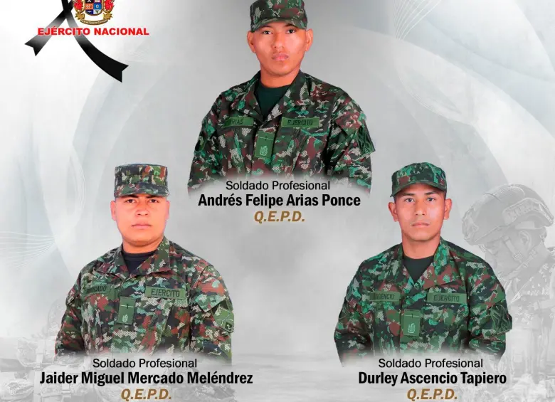 Estos son los tres militares asesinados por el ELN en el municipio de Chita, Boyacá. FOTO: CORTESÍA DEL EJÉRCITO.