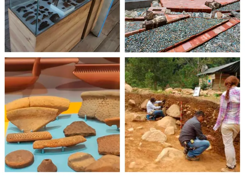 (1) Piezas rescatadas en los abrigos rocosos del escarpe en la finca cafetera en Jericó. (2) El nuevo patio arqueológico del Claustro Comfama. (3) Piezas rescatadas entre Támesis y Valparaíso que revelan detalles de la relación de los antepasados del Suroeste con la espiritualidad y la muerte. (4) Diez años de trabajos en Amalfi permitió encontrar rastros de habitantes de hace 7.000 años. FOTOS: CORTESÍA Y MANUEL SALDARRIAGA
