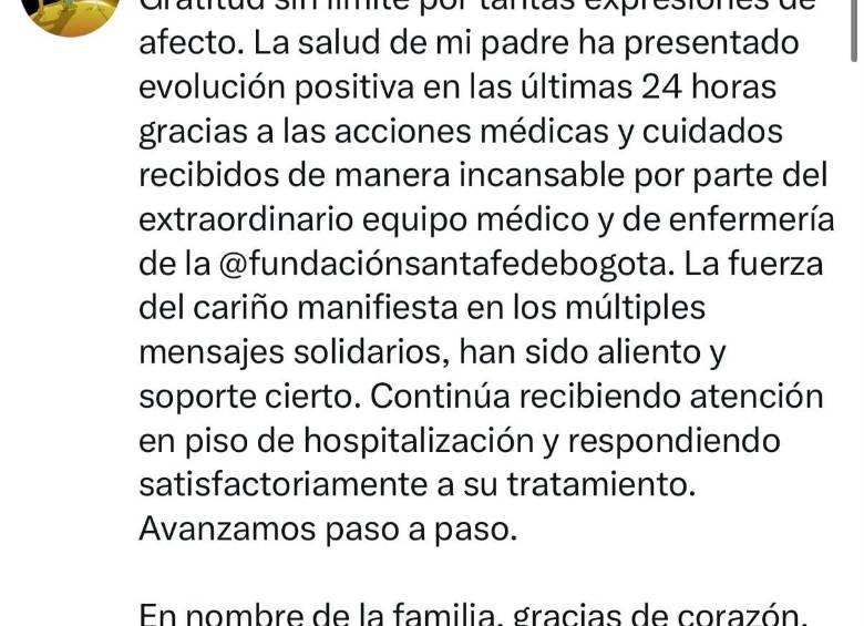 El hijo de Yamid Amat agradeció los mensajes de solidaridad y destacó la respuesta del periodista al tratamiento que recibe. FOTO: Captura de pantalla. 