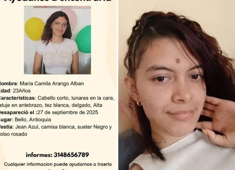 Quienes puedan aportar datos sobre su ubicación pueden comunicarse al número 314 865 6789. FOTO: Cortesía familia María Camila Arango.