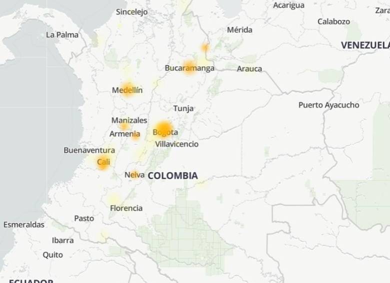Mapa de Colombia con los puntos en donde reportan fallas de X. FOTO: Downdetector