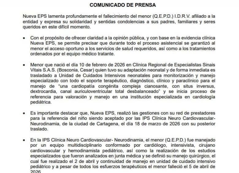 La Nueva EPS emitió un comunicado para referirse al caso del menor. Foto: Cortesía.