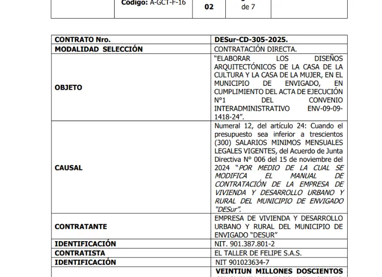 Pantallazo del contrato firmado en 2025 por Desur para la elaboración de los diseños arquitectónicos de la Casa de la Cultura y de la Mujer en Envigado. FOTO Cortesía. 