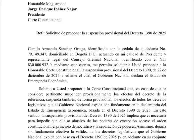 Carta del Consejo Gremial a la Corte.