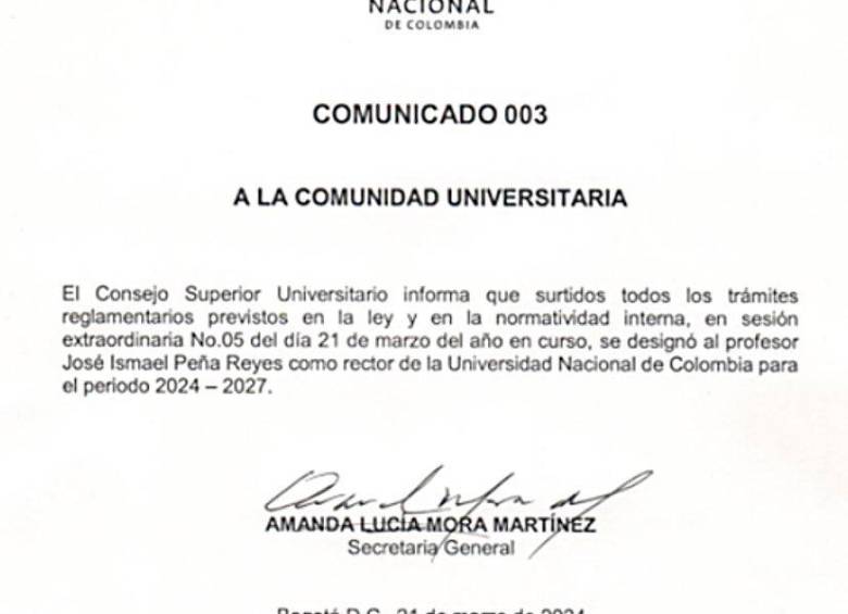 Comunicado de la Universidad Nacional sobre la elección de José Ismael Péña como rector.