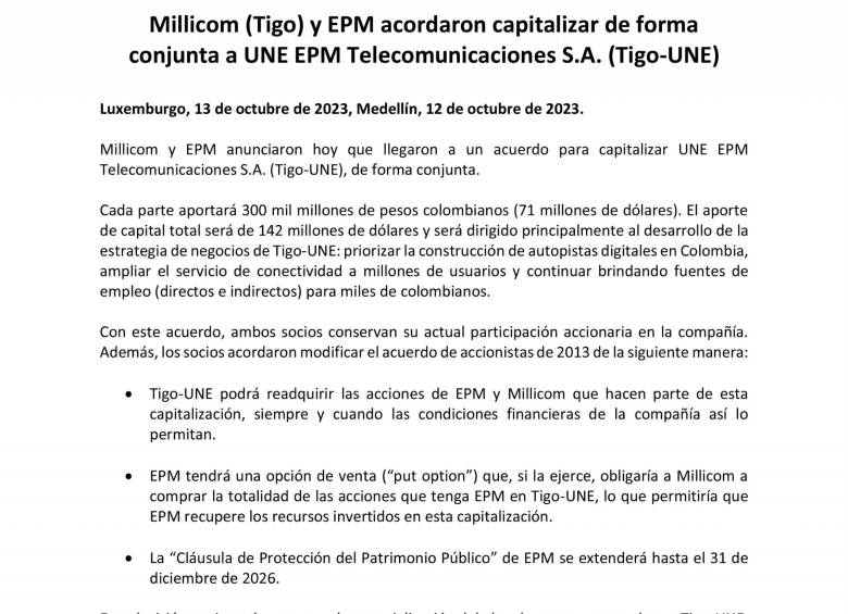Comunicado con el que los socios anuncian la capitalización.