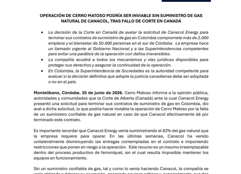 Cerro Matoso advierte que su operación sería inviable si Canacol suspende suministro de gas