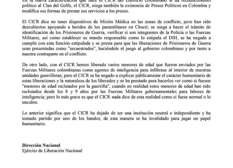 ELN critica al CICR por “falta de imparcialidad” y anuncia que no colaborará con ellos