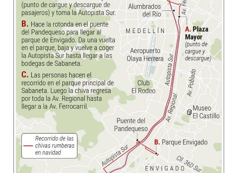 Este es el recorrido habitual de los vehículos de Asochivas Medellín para ver los alumbrados en diciembre.