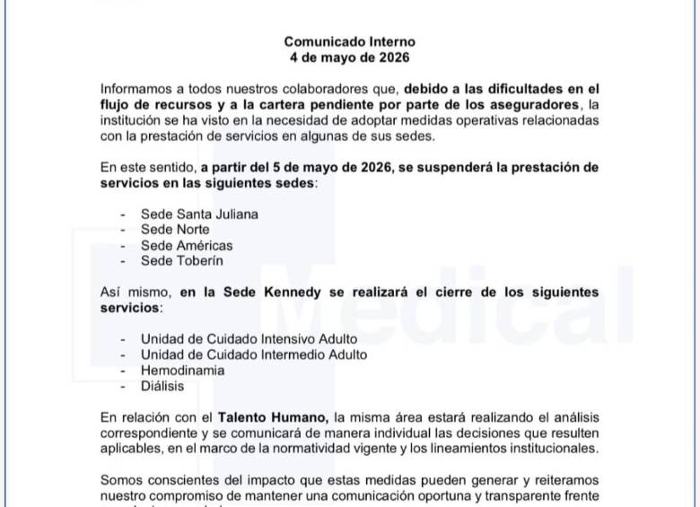 Clínica Medical suspende servicios en cuatro sedes en Bogotá por deudas de las EPS