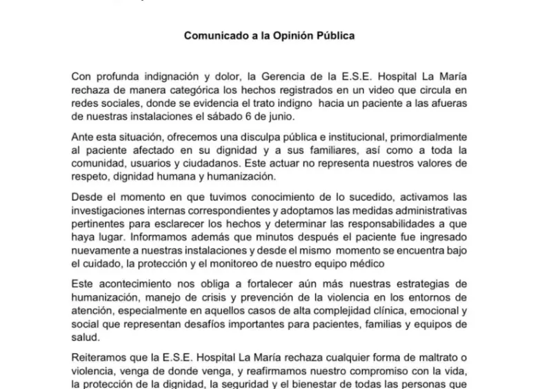 Comunicado a la opinión pública de la gerencia del E.S.E. Hospital La María.
