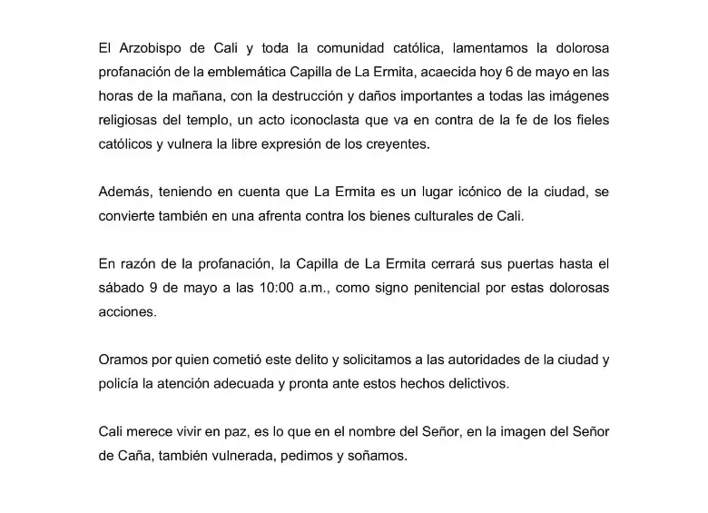 Comunicado oficial del Arzobispo de Cali, tras el vandalismo en la Iglesia La Ermita. Foto: cortesía