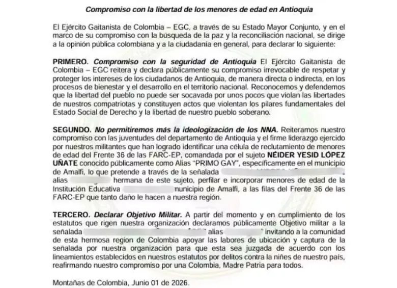 El comunicado donde se declarara a la hermana de alias ‘Primo Gay’, del frente 36 de las Farc, como objetivo militar. Imagen tomada de redes sociales.