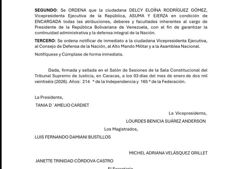 Atención: Delcy Rodríguez asume como presidenta interina de Venezuela, según orden del Tribunal Supremo de Justicia