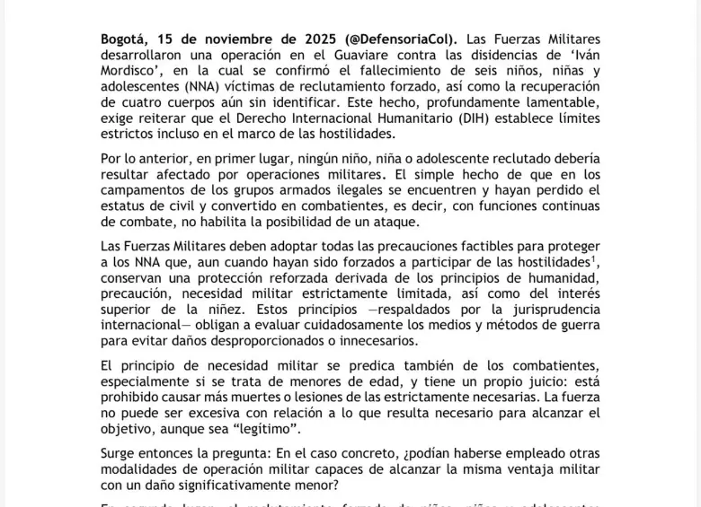 Comunicado de la Defensoría del Pueblo.