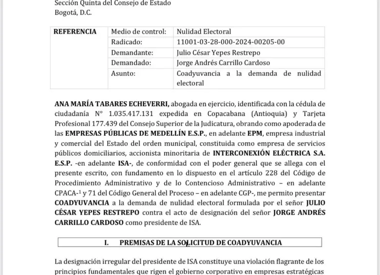 Carta de EPM para coadyuvar en el caso Carrillo que cursa en el Consejo de Estado.
