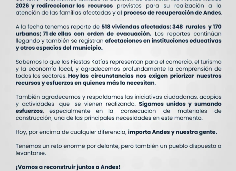 Comunicado de la Alcaldía de Andes. Foto: cortesía.