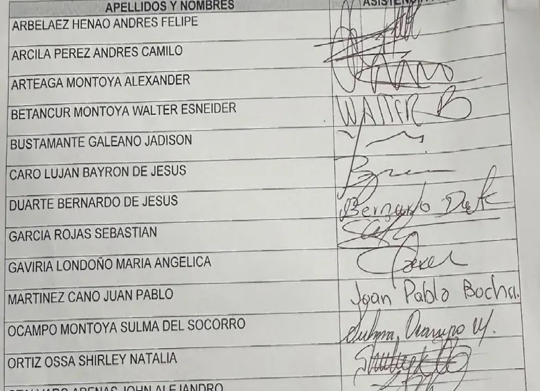 Lista de llamado de asistencia en el Concejo de Itagüí, que permite cotejar las firmas. 