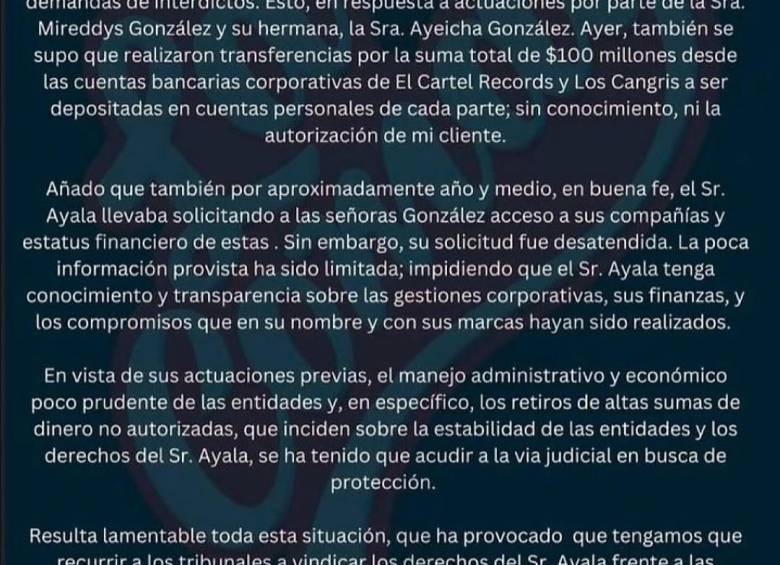 El comunicado que se ha estado difundiendo en redes sociales tiene en alerta a los seguidores de ambas figuras públicas sobre el desenlace de este lío jurídico. FOTO: Redes sociales