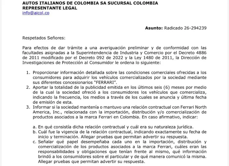 Comunicado sobre el caso de los Ferrari sin entregar en Colombia. FOTO: Superintendencia de Industria y Comercio.