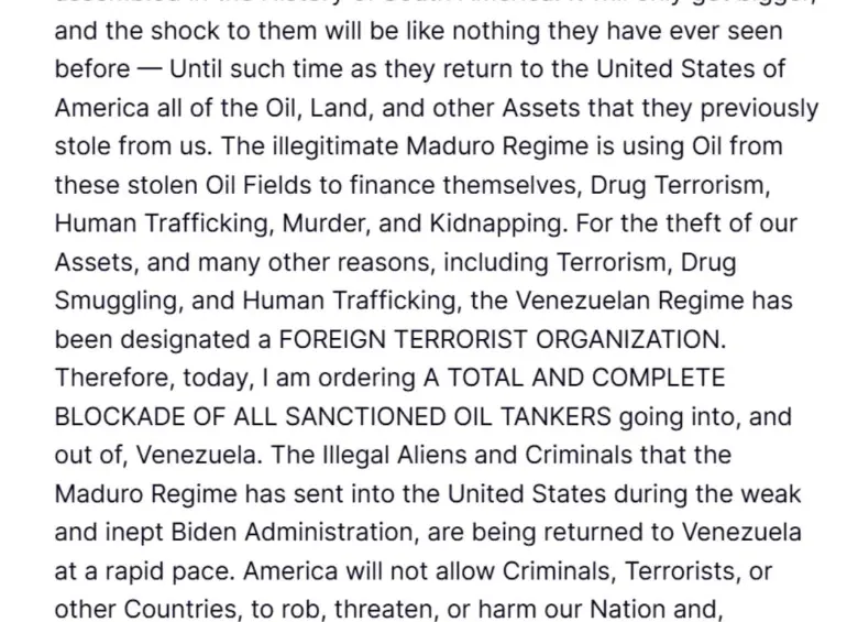 “¡Venezuela está totalmente bloqueada!”: Trump ordenó bloqueo total a buques petroleros sancionados