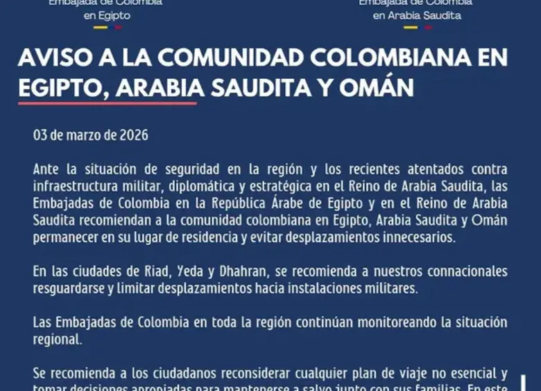Comunicado de la Embajada de Colombia en Arabia Saudita. Foto: redes sociales @rayan.elbarkachi