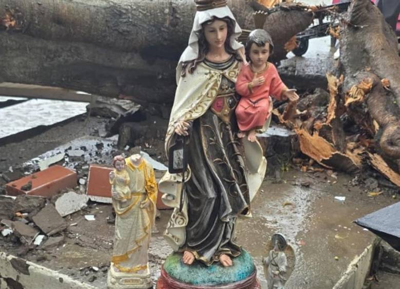 La estatuilla de la Virgen quedó intacta tras la caída de un árbol de gran tamaño en el barrio El Playón, en Bello, durante el fuerte aguacero. Foto: Cortesía