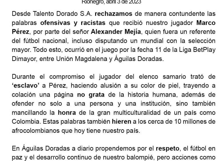 Marco Pérez denunció insultos racistas de Alexander Mejía en la Liga Betplay