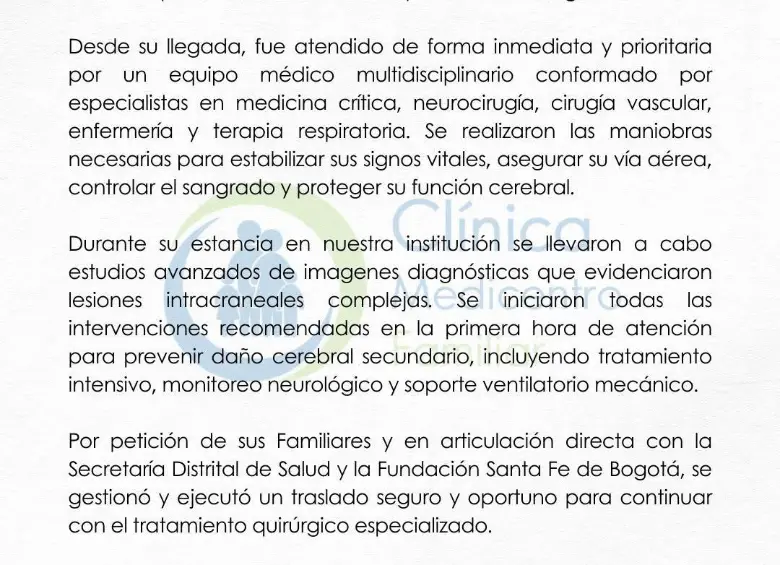 Así fue el manejo médico inicial en la clínica Medicentro que mantuvo con vida a Miguel Uribe Turbay
