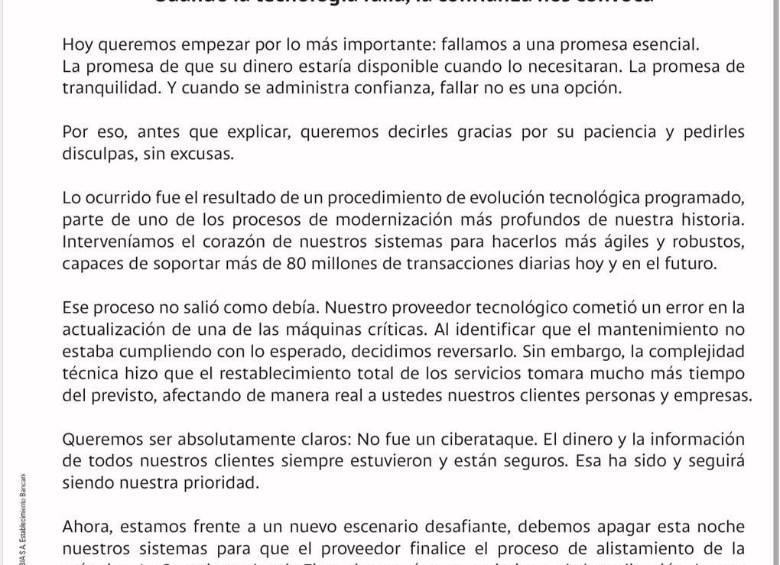 Bancolombia anuncia nuevo apagón de todos sus servicios: “el proceso no salió como debía”