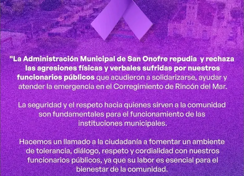 La Alcaldía se pronunció al respecto de los hechos. Imagen: tomada de Alcaldía Municipal de San Onofre vía Facebook.