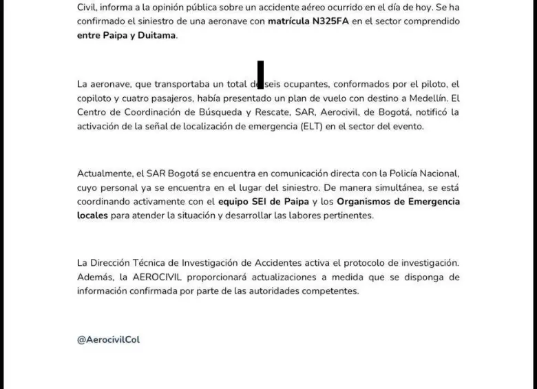 Comunicado de la Aereocivil. Comunicado de la Aereocivil.