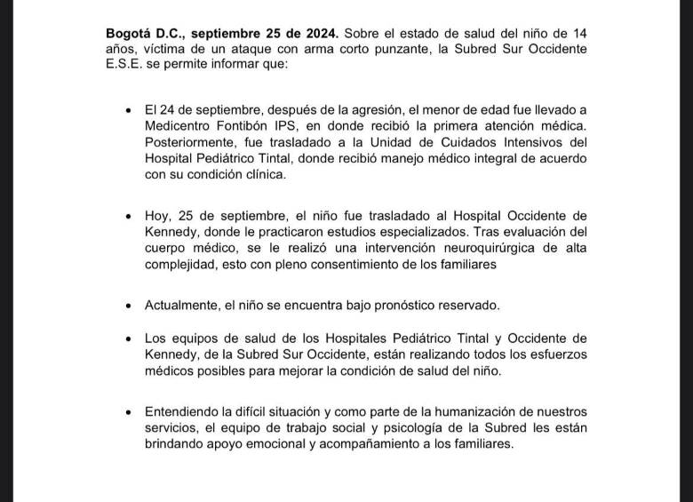 Alcaldía de Bogotá reveló detalles de la agresión de menor que permanece en estado crítico tras ataque de compañera del colegio