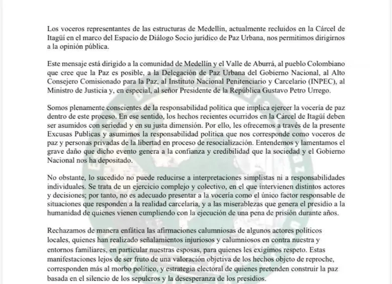 Imagen del comunicado emitido desde la Cárcel de Itagüí. FOTO: Cortesía Denuncias Antioquia.