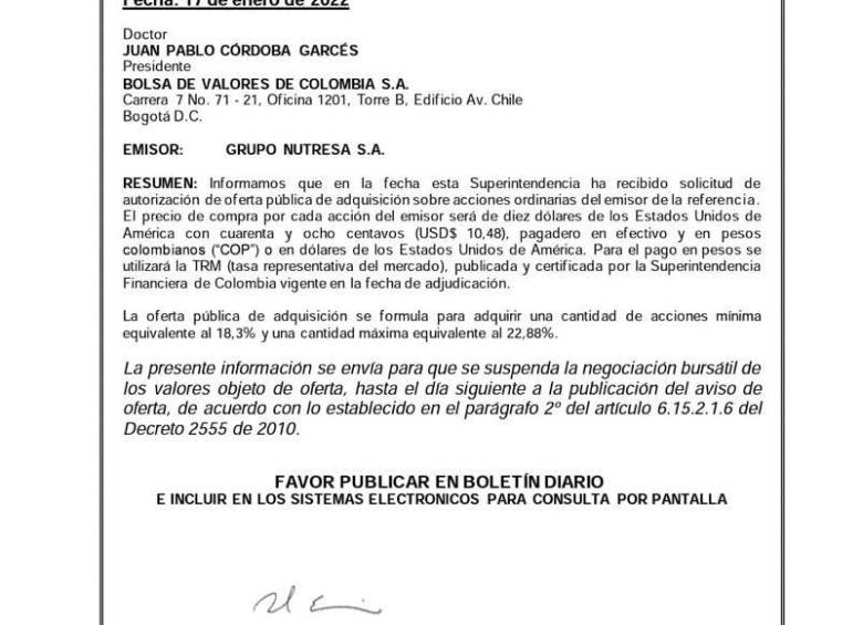 Esta es la resolución que da vía libre a la nueva OPA. FOTO SÚPER FINANCIERA