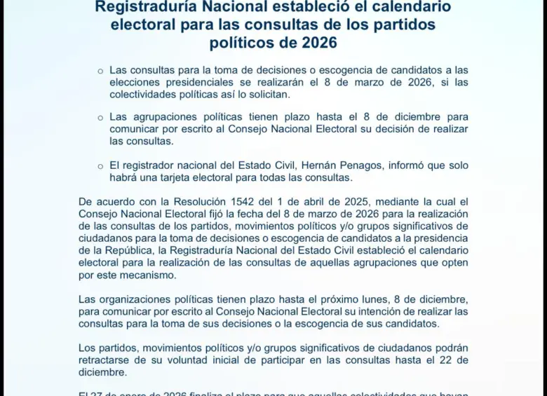 Calendario electoral 2026. Foto: Registraduría Nacional. 