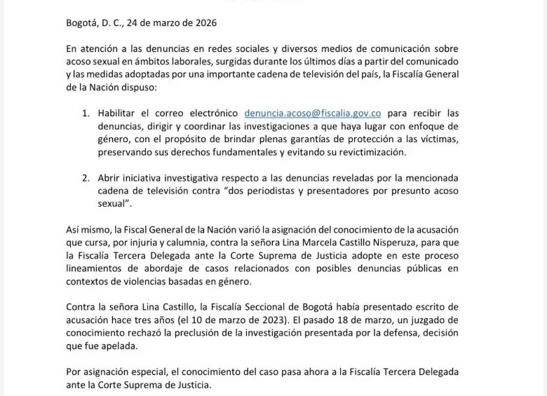 Fiscalía abrirá investigación por denuncias de presunto acoso sexual en <i>Noticias Caracol</i>