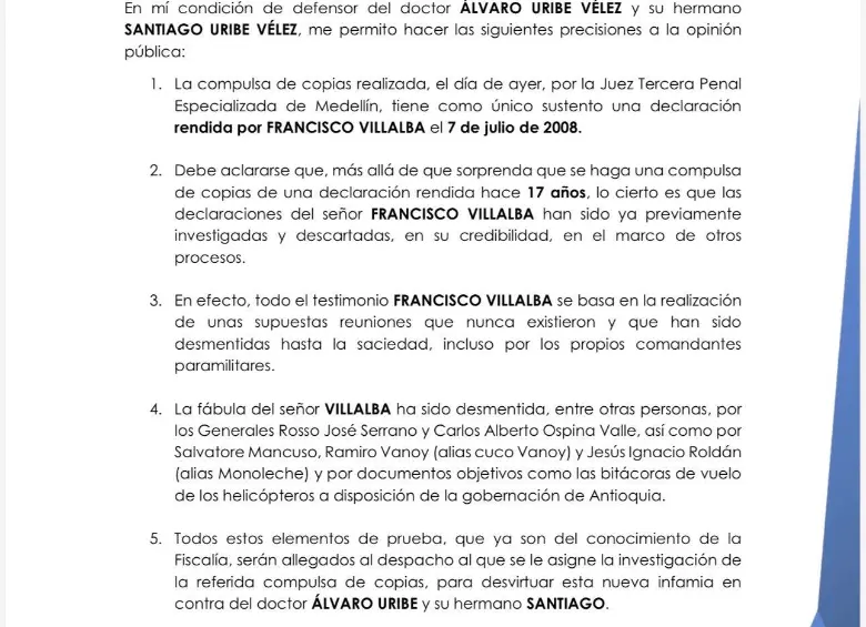 Pronunciamiento de Granados, abogado de Uribe.