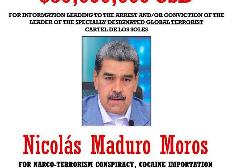 Este es el afiche de la nueva recompensa en contra del presidente Nicolás Maduro, por $50 millones de dólares. FOTO cortesía de la dea
