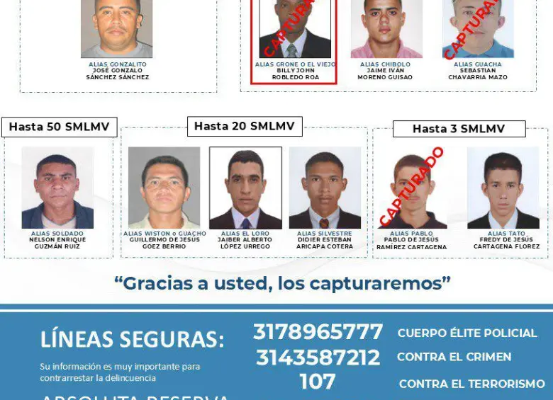 Cartel de los más buscados por afectaciones a los defensores de derechos humanos y firmantes de paz en Antioquia. FOTO: GOBERNACIÓN DE ANTIOQUIA