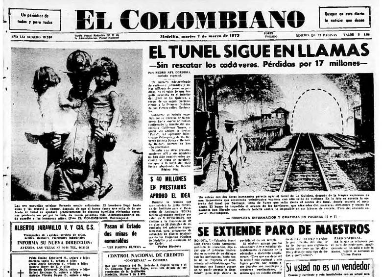 Primera página de El Colombiano, en su edición del martes 7 de marzo de 1972. FOTO: Archivo El Colombiano