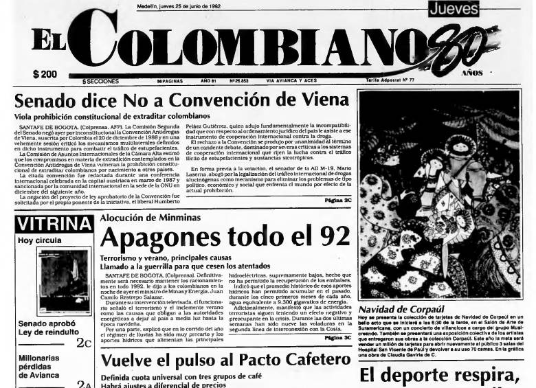 Facsímil de El COLOMBIANO de junio de 1992