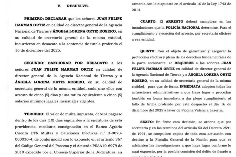 Esta fue la decisión de un juez en el caso del director de la Agencia Nacional de Tierras. Foto: Paloma Valencia