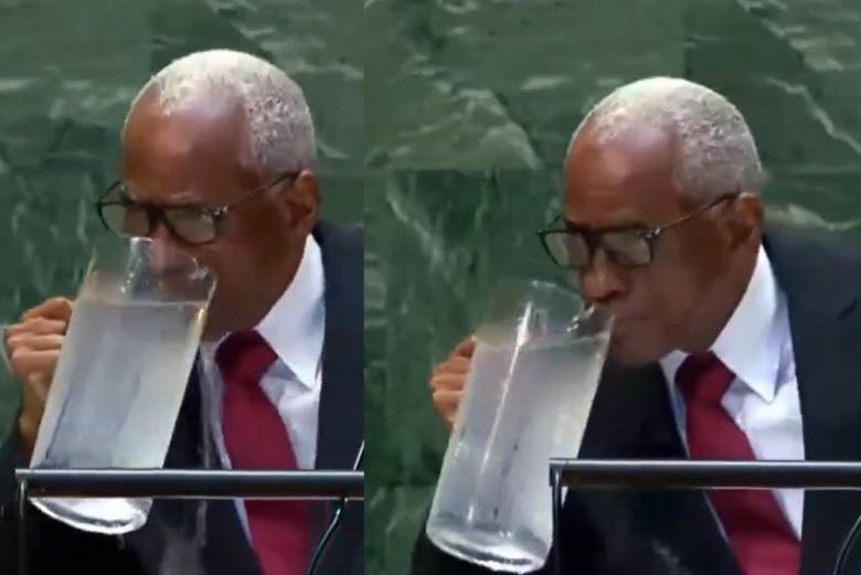 Video viral del haitiano que bebió agua de una jarra en plena ONU. Foto: captura de video Asamblea General de las Naciones Unidas