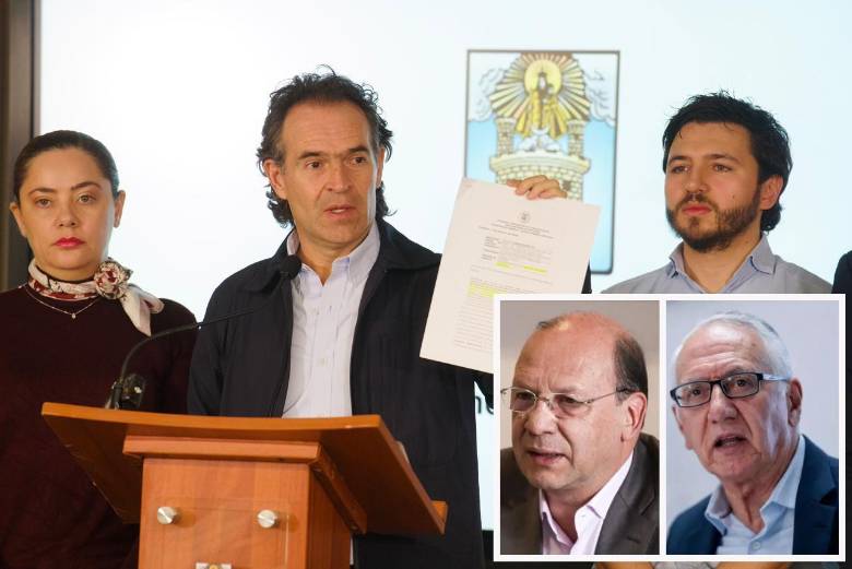 Adelante, los ministros de Salud y Hacienda, que deberán responder ante el desacato. Atrás, el alcalde de Medellín y su gabinete. FOTO: Cortesía y Colprensa