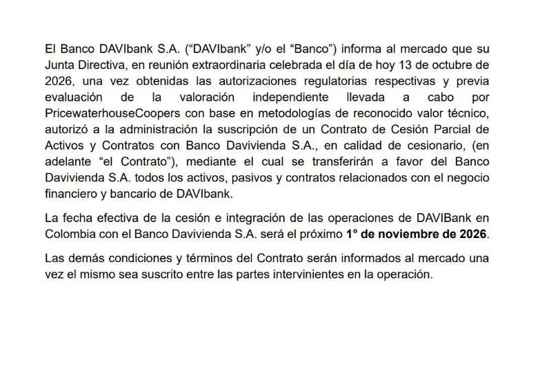 Davibank pasará a Davivienda a partir del 1 de noviembre de 2026. Foto: X de @larepublica_co