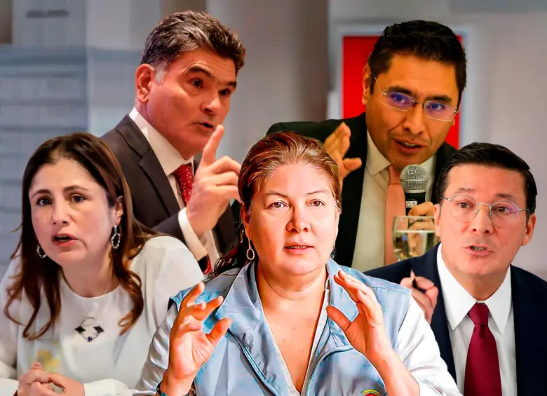 De izquierda a derecha: la defensora Iris Marín; el procurador Gregorio Eljach; Alejandra Barrios, directora de la MOE; Cristian Quiroz, director del CNE; y el registrador Hernán Penagos. FOTOS: ARCHIVO.