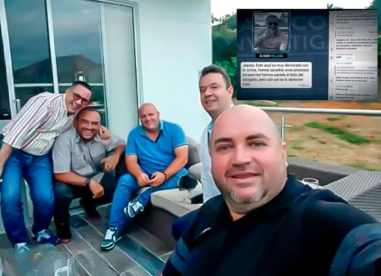 En la foto (de izq. a der.) aparecen Álvaro Villada; un abogado allegado; Miguel Quintero; Wílder Echavarría, exdirector de la EDU, y Jorge Enrique Liévano, ex gerente de Metroparques; todos complicados por testigos ante Fiscalía y otros órganos de control. Foto: cortesía y pantallazo de Noticias Caracol