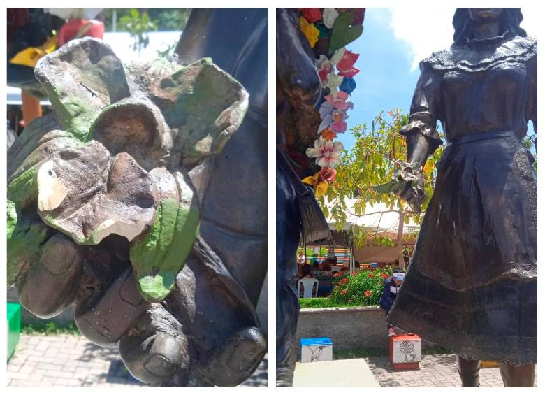 A la escultura le arrancaron las flores ornamentales. Foto: Cortesía comunidad de Santa Elena. FOTO Cortesía